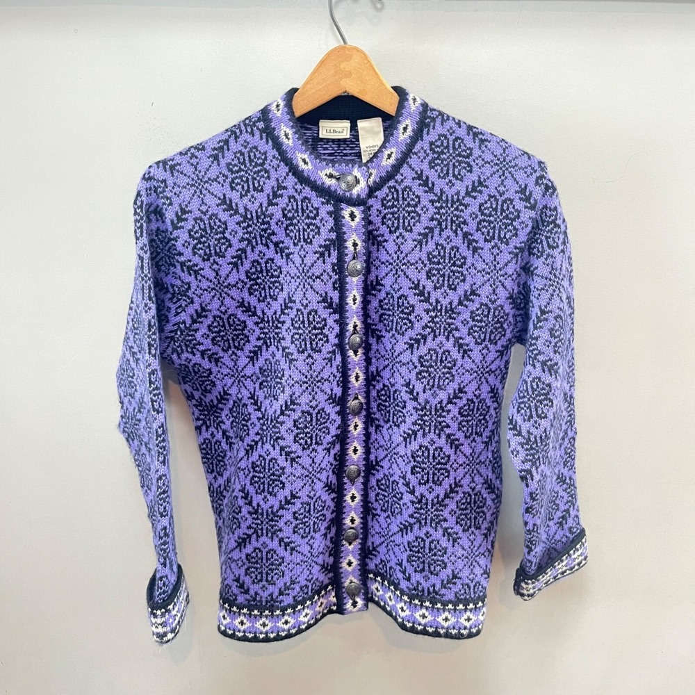 L.L. Bean‎ Womens 100% Merino Wool Cardigan Sweater Nordic Metal Buttons Size S